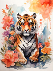 Watercolor illustration of tiger surrounded by flowers and splashes of watercolor paint