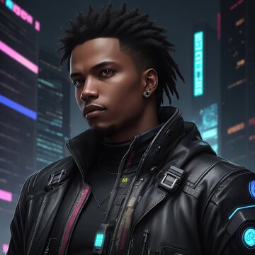 A cyberpunk avatar in a neon-lit city. The suit has blue lights and a high collar. A photo realistic image of a cyberpunk style avatar.