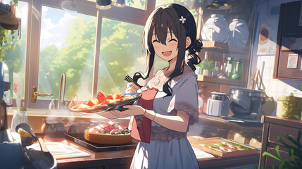 angry and embarrassed cute girl anime action pose, generative ai cooking uniform