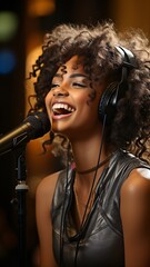 Young black performer practising in a recording studio. - obrazy, fototapety, plakaty