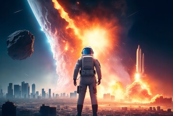 Astronaut standing in front of Comet impact des
