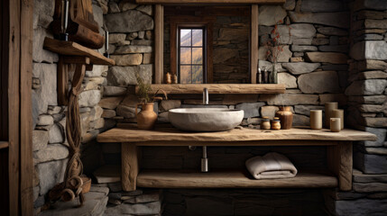 A rustic cabin bathroom with a stone sink, wooden walls, and copper fixtures