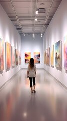 Femme qui visite une exposition de peinture, une galerie d'art. Tableaux avec beaucoup de couleurs. Musée d'oeuvres modernes et contemporains. Culture des beaux arts.