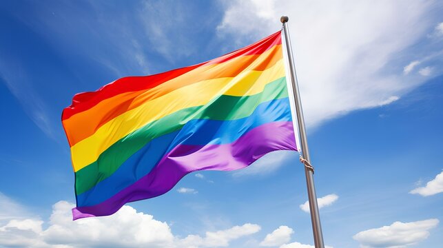 Rainbow flag, a symbol for the LGBT community, waving in the wind with a cloudy background ai generated