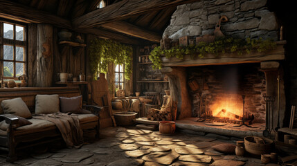 A rustic cabin interior with exposed wooden beams and a stone fireplace