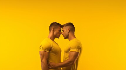Romantic man muscle sixpack gay couple isolated yellow background ai generated
