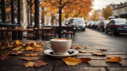 Naklejka na ściany i meble Cup of coffee on cafe table street view with cars and fall autumn leaves