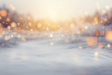 Snowfall texture on blurry background. Silver and gold abstract blurred bokeh lights. Christmas and New Year holiday backdrop with copy space - obrazy, fototapety, plakaty
