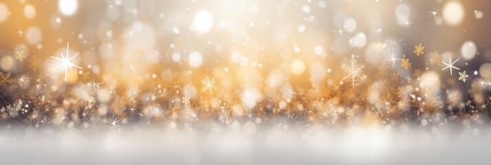 Snowfall texture on blurry background. Silver and gold abstract blurred bokeh lights. Christmas and New Year holiday backdrop with copy space