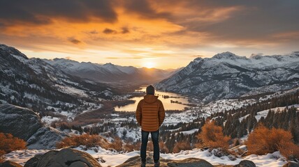 Person standing on a snow-covered ledge overlooking the stunning sunset vista of mountains. - obrazy, fototapety, plakaty