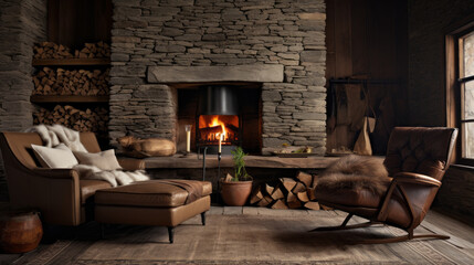A rustic living room with a stone fireplace, a leather armchair, and a cowhide rug - obrazy, fototapety, plakaty