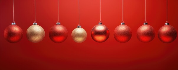 Red Christmas balls with golden pattern on clear burgundy background. New year decoration, festive atmosphere concept. Banner with copy space