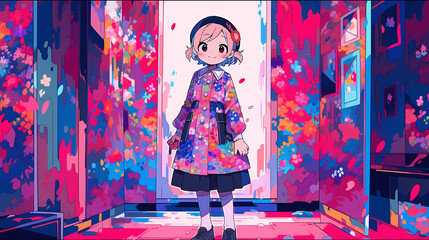 anime pose beautiful happy and shy girl home uniform,bright garden background generative ai - obrazy, fototapety, plakaty