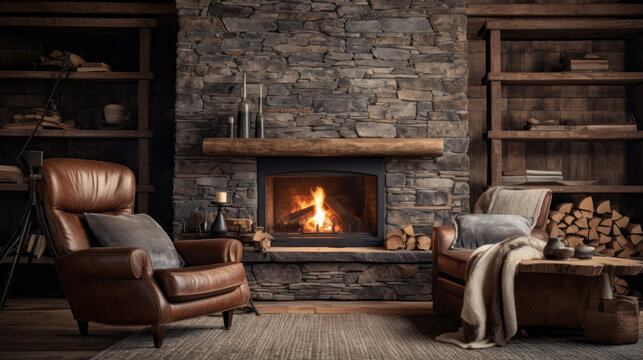 A rustic living room with a stone fireplace, a leather armchair, and a cowhide rug