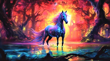 Foto op Canvas a magnificent horse standing amidst a dense, enchanted forest illuminated by vibrant neon colors © Naila