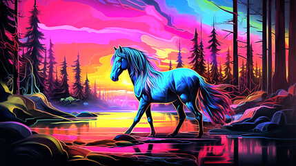 a magnificent horse standing amidst a dense, enchanted forest illuminated by vibrant neon colors