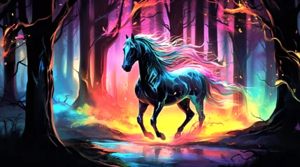 Poster a magnificent horse standing amidst a dense, enchanted forest illuminated by vibrant neon colors © Naila