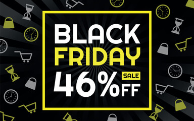 Black Friday Sale 46% off Creative Advertising Banner, Black, White and Yellow, Radial Background, Shop and Limited Time Icons