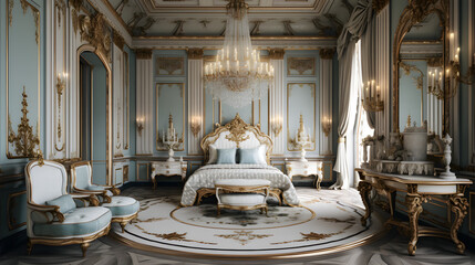 Classic bedroom interior with antique and luxurious furniture - obrazy, fototapety, plakaty