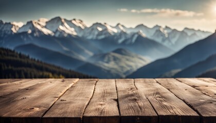 Naklejka na ściany i meble Empty Blank Rustic Old Wooden Table Top Boards with Snow Capped Mountains View Spruce Forest Nature Background National Park Landscape Backdrop Outdoors Mockup Product Display Showcase Montage Natural