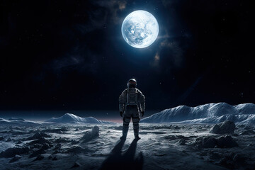 An astronaut in a spacesuit and helmet with his back turned looks towards a bright blue earth like planet in the sky from the surface of a cold mountainous moon