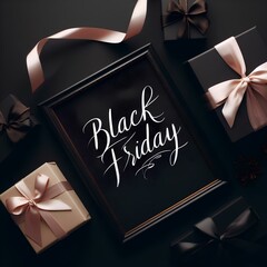 Black Friday Sale Concept, Lettering on a Black Background with Gift Boxes and Ribbon, mockup, generative ai