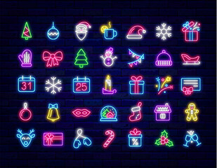 Merry Christmas and Happy New Year neon icons collection. Deer, candle and Santa Claus. Vector stock illustration © Anastasia Gapeeva