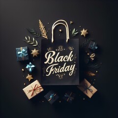 Black Friday Sale Banner with a shopping bag and Gifts on Dark Background, concept art, mockup, generative ai