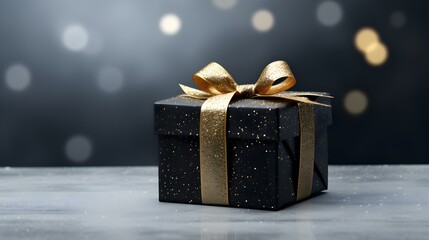 Black Gift Box in front of a light Background with Copy Space. Festive Template for Holidays and Celebrations