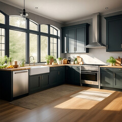 Modern minimalistic kitchen interior design. 3D architectural visualization. With green walls and silver appliances.