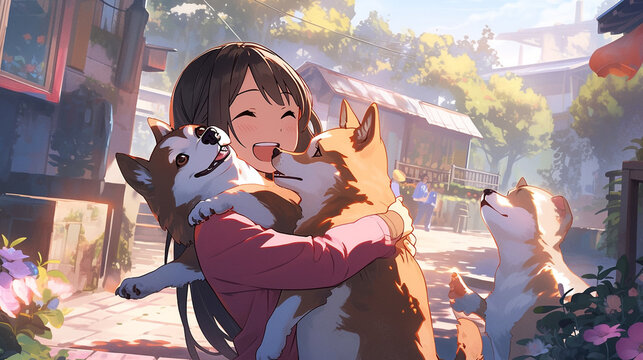 beautiful girl action pose hugging dog,bright flower background generative ai