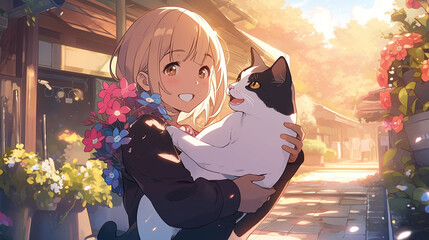 beautiful girl action pose hugging cat,bright flower background generative ai