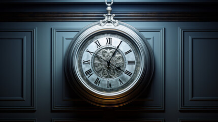 A silver clock hung on the wall