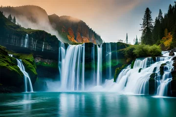 Deurstickers beautiful waterfall in forest  waterfall with rose and flowers waterfall background waterfall scenery waterfall in spring  © UZAIR