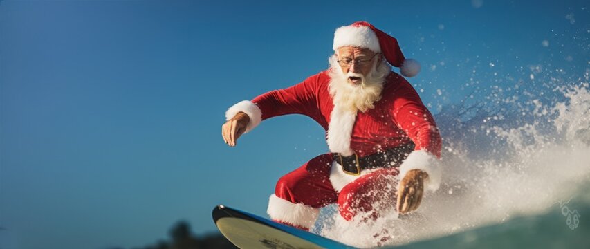 Santa Claus catching a wave on a vibrant surfboard in the tropical ocean, Surfing Santa concept