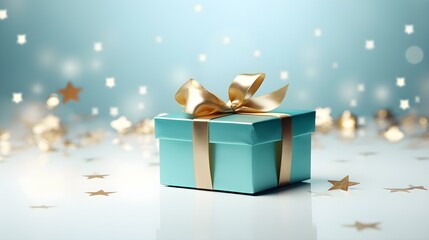 Cyan Gift Box in front of a light Background with Copy Space. Festive Template for Holidays and Celebrations