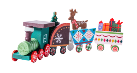 Decorated Christmas train isolated on white or transparent background.