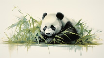  a painting of a panda bear resting in the grass by the water.  generative ai