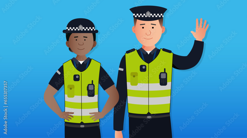 Wall mural Simple flat British police officers vector characters concept. Friendly policeman and policewoman from United Kingdom, smiling and waving. Easy to edit flat modern trendy style. - Wall murals