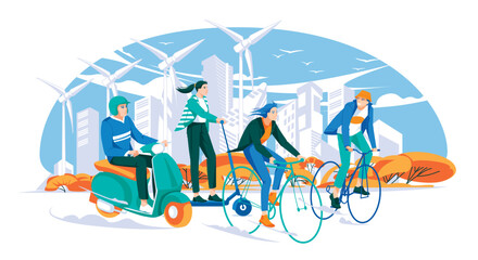Obraz premium A group of young people moving in an ecological transport against the background of a cityscape. Bicycle, scooter, moped. Environmental safety concept. Vector flat illustration