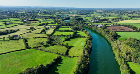 Aerial photo of Blue-green algae on The River Bann from Lough Neagh at Portna Lock Kilrea Co Derry Antrim Northern Ireland - obrazy, fototapety, plakaty