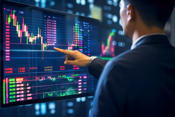 Businessman analyzing investment charts on the stock exchange. - obrazy, fototapety, plakaty