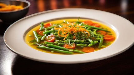 a white plate topped with green beans and veggies.  generative ai