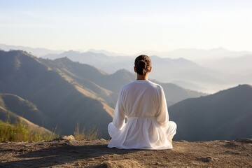 A meditator, adorned in a simple white linen robe, finds peace atop a serene mountain peak. Bathed...