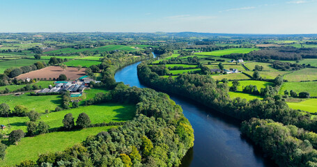 Aerial photo of The River Bann from Lough Neagh at Portna Lock Kilrea Co Derry Antrim Northern Ireland - obrazy, fototapety, plakaty