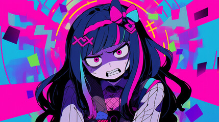 Beautiful girl idol pose angry and embarrassed cyberpunk school uniform with generative ai