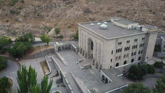 Aerial drone view of the iconic Matenadaran Library in Yerevan, Armenia, highlighting its grand architecture