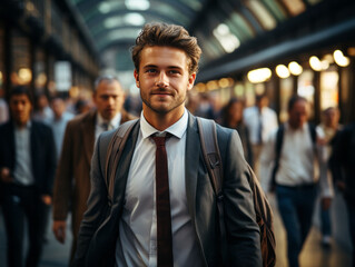 Handsome young businessman walking in the city. Generative AI