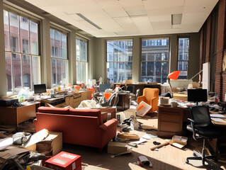 Messy office interior with a lot of paperwork and furniture left on the floor. Generative AI - obrazy, fototapety, plakaty