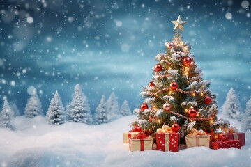 beautiful decorated christmas tree with present boxes in a winter landscape with snow. generative ai.